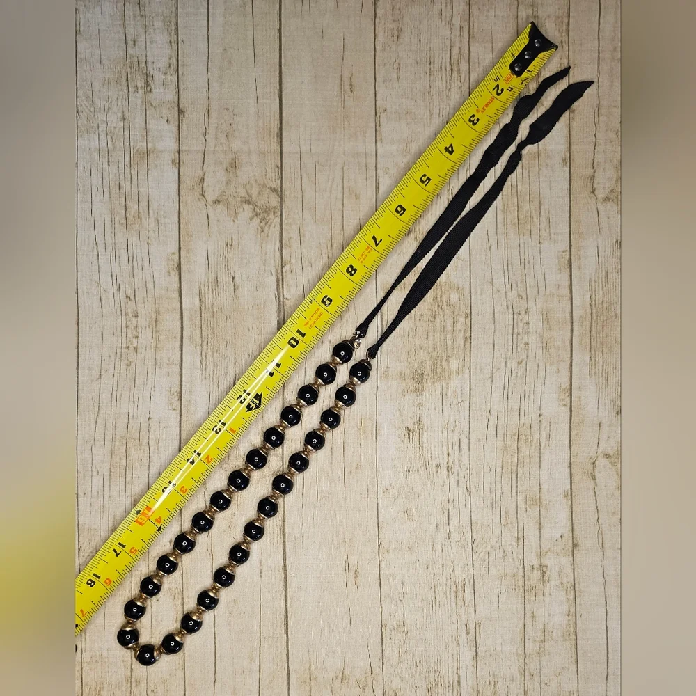 [J. CREW] Black & Gold ○● Beaded Statement Necklace with Cloth Tie